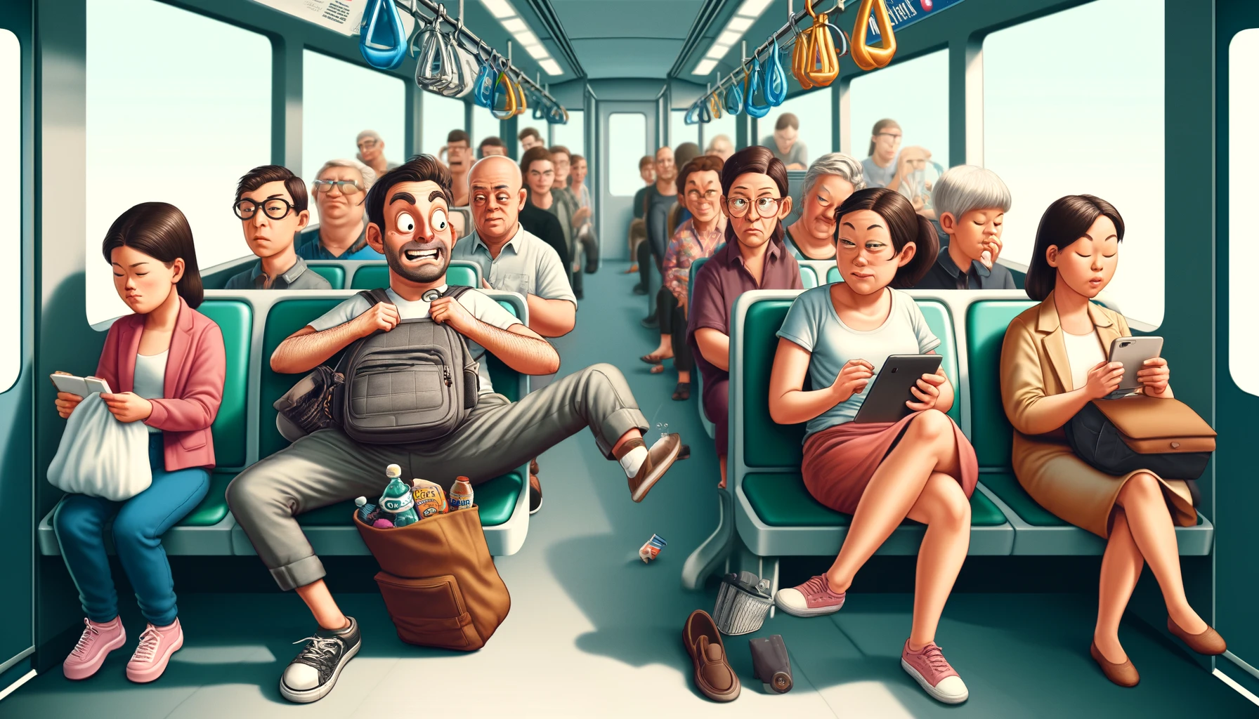 Personal Space in Public Transit: Do we need legislation defining the limits of manspreading and bagspreading? Is it first-come-first-spread, or is there a maximum allotment of square footage per passenger?"